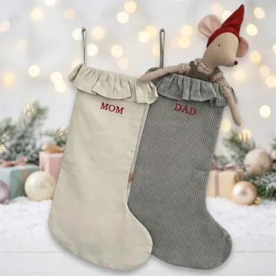 Personalized Ruffled Christmas Stockings with Ticking Stripe Custom Name Linen Xmas Stockings for Home Holiday Decor