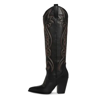 Retro Embroidery Wide Boots Western Style Women's Wedge Heel Knee High Boots High Heel Western Cowboy Boots Black PU Fashion