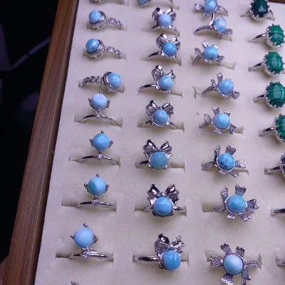Wholesale Natural Larimar Ring High Quality Sliver Ring Healing Decoration for Woman Gift Jewelry love Theme Valentine's Day