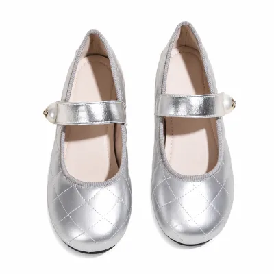 Girls Quilted Mary Jane Shoes Retro Diamond Lattice Princess Dress Flats Pearl Detail Non-Slip Party Wedding Dressy Shoes