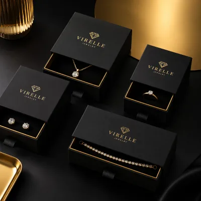 Black Square Drawer Box Collection for Jewelry with Gold Foil Logo Velvet Lining Eco-Friendly Luxury Boutique Storage