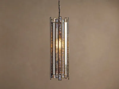 Vintage Tall Column Pendant Light Gold Framed Stacked Antiqued Mirror Strip Glass Ceiling Fixture
