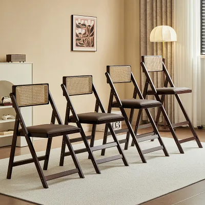 Modern Simple Home Bar Stool Solid Wood with Japanese Style Rattan Backrest Foldable High Chair for Living Room Restaurant Use