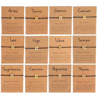 Stainless Steel Zodiac logo Disc Wax Cord Bracelets 12 Zodiac Sign Message Wish Card Bracelets Couple Gifts