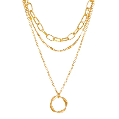Exaggerated Thick Chain Layered Neckchain Female Punk Circle Pendant Multi Layered Alloy Necklace