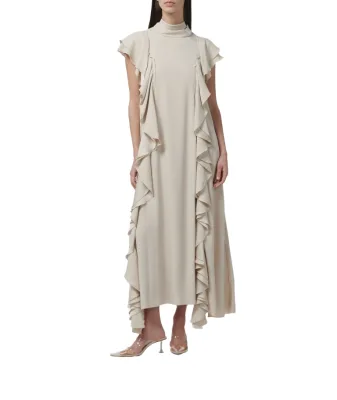 Custom MOQ50 Pcs Modest Dress Manufacturers Ivory Ruffle High-Neck Maxi Dress OEM/ODM Service Supplier