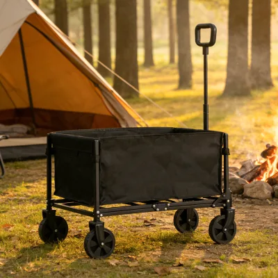 Outdoor Camping Foldable Four-wheel Steel Storage Trolley Black Portable Hand-pulled Travel Picnic Fishing Hiking