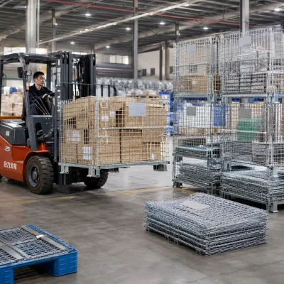 Collapsible Wire Mesh Container with Forklift Pocket Heavy Duty Storage Cage Stackable Bins for Warehouse Picking