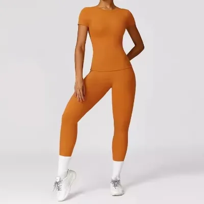 Four-Way Stretch Quick-Drying Yoga Tight Short-Sleeved Spring High-Intensity Running Fitness Sports Suit Brushed Style