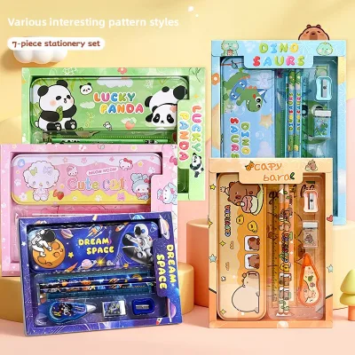 Seven-Piece High Quality Primary School Student Stationery Prizes Children's Day Gift Logo Customization Cartoon Stationery Set