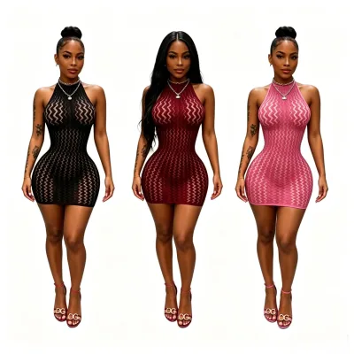 MZ88700 New Lace Erotic Sexy Alluring Hollow-Out Sheer Thin One-Piece Bodycon Halter Hip-Hugging Mini Dress Club Party Dress