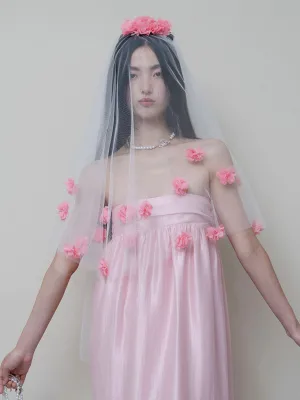 Handmade Pink Three-Dimensional Flower Niche Appliqued Bridal Headpiece Super Fairy-like Mori Style Medium-Length Veil