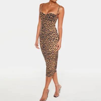 Women's Leopard Print Suspender Sexy Casual Breathable Eco-Friendly ODM Daily Natural Pleated Elegant Midi Dress