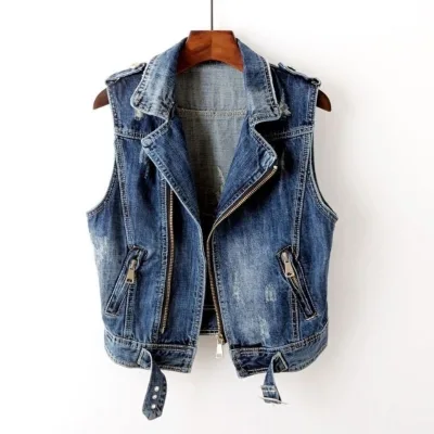 KY S-5XL Cropped Lapel Turn Down Collar Cropped Sleeveless Zipper Washed Jeans Jacket