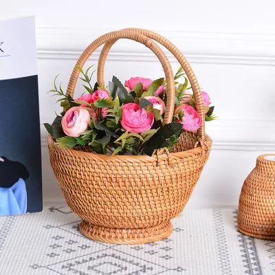 New Design Multi-purpose Vintage Luxury Natural Brown Handmade Rattan Flower Basket for Household Decoration