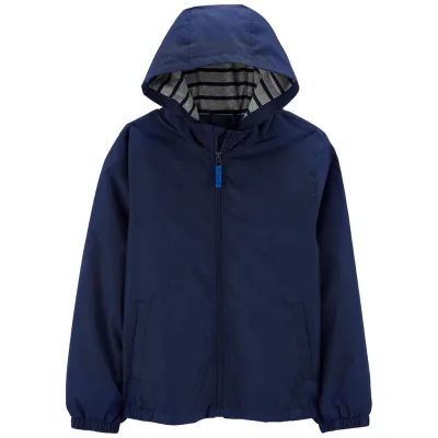 Navy Blue Nylon Cotton Lined Windbreaker Jacket for Kids Waterproof Outdoor Casual Wear Full Zip Autumn Season Yarn Dyed Strips