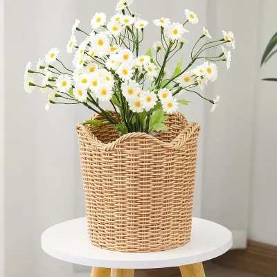 YULIN JIAFU Scalloped Edge Basket Weave Pattern Planter Resin Plant Pot Holder Storage for Indoor Outdoor Planting Farmhouse