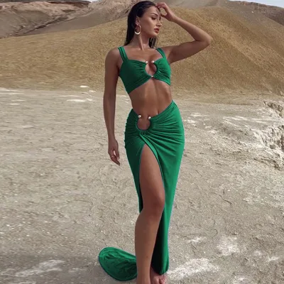 New Sexy Sleeveless Crop Top and Solid High Slit Bodycon Long Dress Women Two Piece Sets