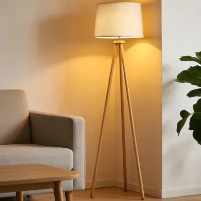 Natural Wood Tripod E27 Floor Lamp with Linen Shade Modern Minimalist Standing Light for Living Room Bedroom
