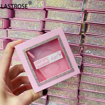 Hot Selling Bling Diamond Lash case Make Your Brand Empty Lashes Box pink square Rhinestone Lash Box