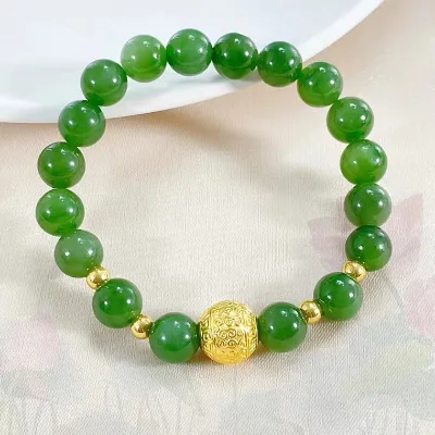 Aimgal Fine Jewelry 8mm Hotan Jasper AU999 Gold Beads Six Character Scripture Transfer Bracelets Pure Gold Tarnish Free Jewelry