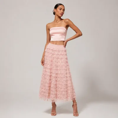 2026 Summer New European American Women Mesh Tiered Cake Midi Skirt High Waist Fluffy Half Skirt