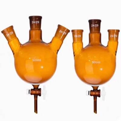 Amber Three Ports Spherical Separating Funnel Straight Round-bottom Flask with Glass with PTFE Joint 250/500/1000ml 2000ml