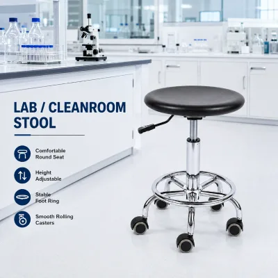 Height Adjustable Lab Cleanroom Stool with Round Seat Foot Ring Rolling Casters for Laboratory