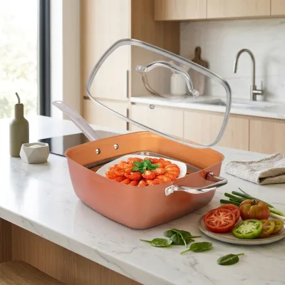 High Quality Factory Induction Bottom Non Stick Deep square Fry Pan With square Glass Lid Basket