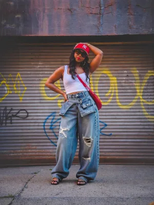 Irregular Fashion Y2K Streetwear Mid Waist Cotton Denim Pants Women Waist Overlay Design Ripped Straight-Leg Jeans