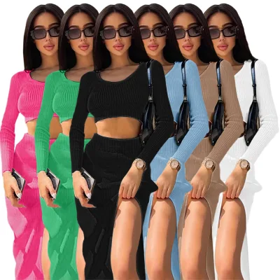 Latest Design Sexy High Split 2 Piece Set Women Dresses Causal Knit Crop Top and Skirt Set 2023 Two Piece Dress Set