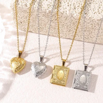 Stainless Steel Heart Shaped Book Pendant with Heart Design Featuring Arabic Calligraphy of Religious Verses Necklace