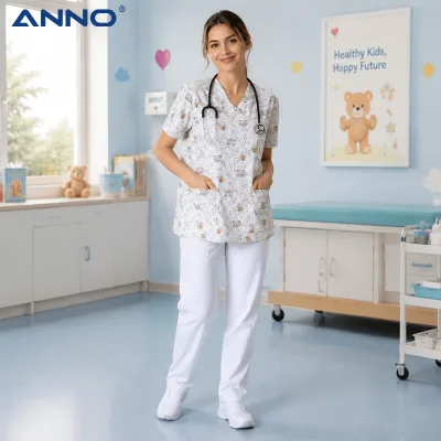 Patient-Friendly Nursing Uniform 3pc Bundle Printed Scrub Top and Pants with CE Marked Non-Slip Occupational Work Shoes