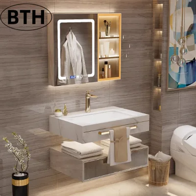 Luxuriant Single Sink Modern Bathroom Vanity Cabinet with LED Display Screen Wall-Mounted Lacquered Finish Rectangle Design