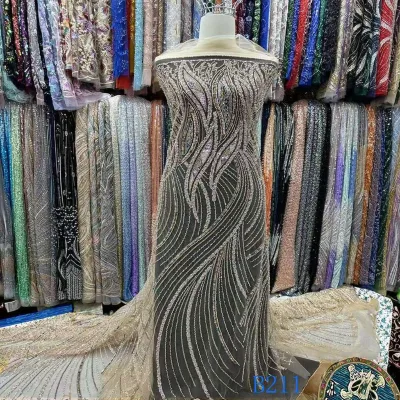 Luxury Handmade African Polyester Lace Water Soluble Guipure Cord Lace Fabric with Beaded Embroidery for Party Dresses