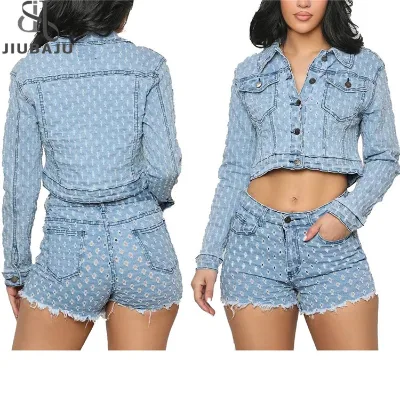 Women Spring Summer Fashion Long Sleeves Denim Crop Top and Ripped Jeans Shorts Set Casual Two Piece Set