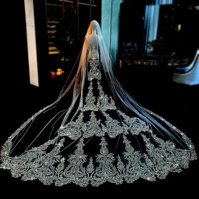 Luxury Long Crystal Sequin Beaded Wedding Veils Long Lace Bridal Veil