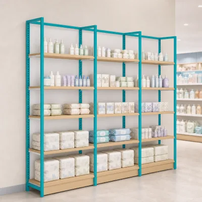 Baby Care Store Shelves with Wood Grain Shelf Boards for Diapers Wipes and Toiletries