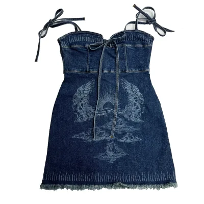 Blue Team Custom Manufacturer High Quality Spaghetti Strap Dress Denim Dark Blue Washed Laser Printing Women's Skirt