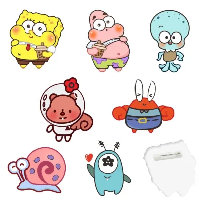 Free Sample Cute Cartoon Spongebob Acrylic Brooch for Decorative Badge Clothing Bag Accessories Pin Trinket