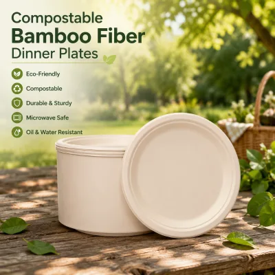 Eco Friendly Disposable Bamboo Fiber Compostable Plates Round Dinner Dish for Party Camping Wedding Takeaway Food Service