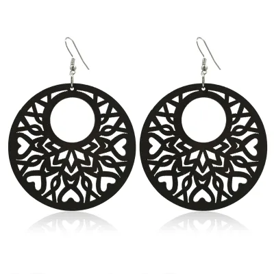 Cross border Hot selling Handmade Wooden Earrings Fashion Hollow Out Wood Drop Earrings Bohemian Pendant Earrings