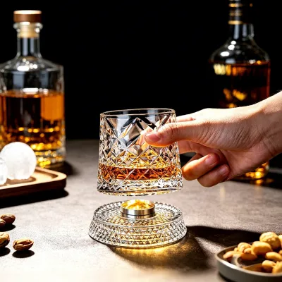 Spinning Rotatable Whiskey Glass with Metal Bearing Base 280ml Crystal Rock Tumbler Premium Bar Wine Glass for Whiskey Bourbon