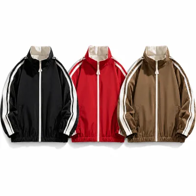 Oem Customized logo Design Men's Stand Collar Trendy Striped Fashionable Versatile Outerwear Windproof Spring Reversible Jacket