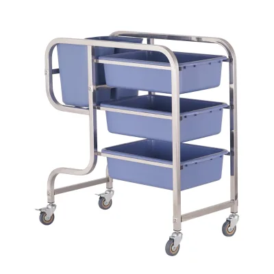Square Tube Collection Cart 3 Tier Stainless Steel with Plastic Bins Curved Leg Swivel Caster Wheels for Factory Warehouse