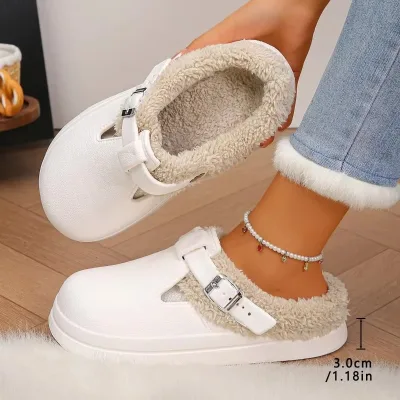 Waterproof Eva Furry Mules Slippers Women 2026 Winter Metal Buckle Warm Plush Slippers Soft Thick Bottom Non Slip Indoor Slides