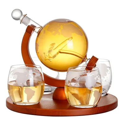 Premium Glass Globe Bottle & Decanter Set - Handcrafted Liquor Storage Containers with Wood Base for Home Bar