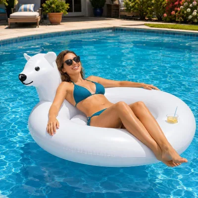 Inflatable Polar Bear Pool Float, Giant 59in Inflatable Animal, Drop-Stitch Pool Raft Lounge, Pool Party Decor, Beach Floatie