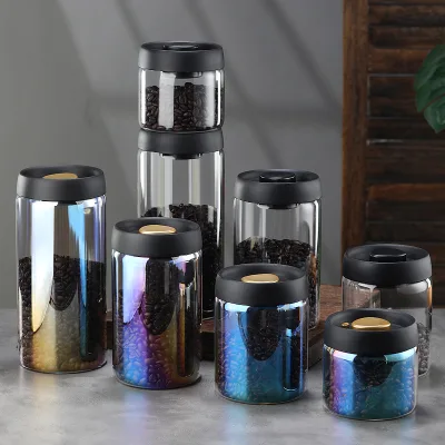Modern Glass Coffee Canister with Vacuum-Sealed Lid Airtight Kitchen Storage Jar for Coffee Tea Grains Dry Food Stylish