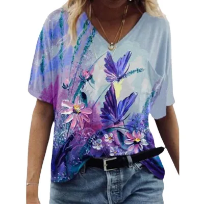 Wholesale Women's Casual Breathable 3D Abstract Print V-neck Short Sleeve T-shirt Summer Cross-border Hot Seller Source